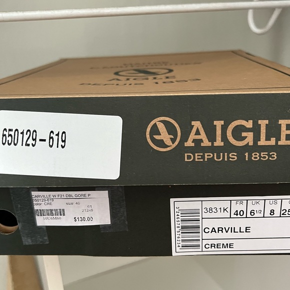 New in box; Aigle brand cream & black trim rain boots. Made in France - Picture 9 of 9